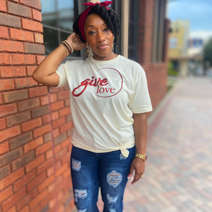 Give Love Tee - Natural/Maroon/Dark Cherry